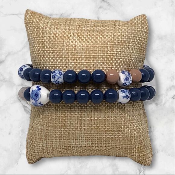 Bracelet Set Classic Navy Brown Blue Floral Beads Handmade Country Chic Design - Picture 2 of 5